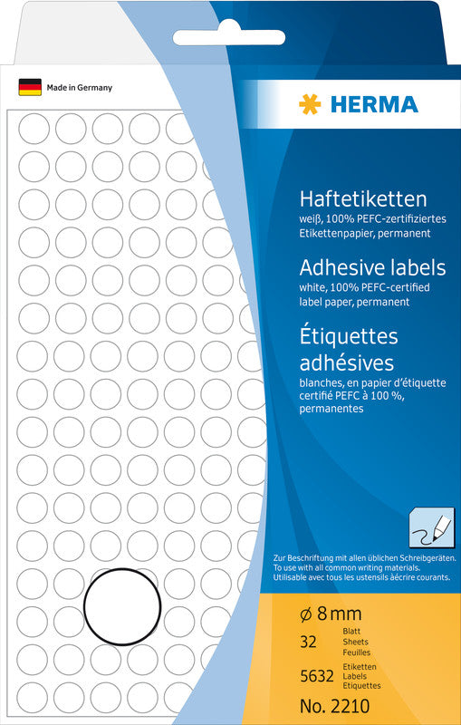 HERMA Haftetiketten – rund Ø 8 mm, permanent, weiss, 32 Blatt (5'632 Stk.)