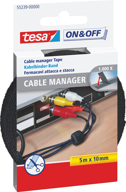 TESA Klett-Kabelbinder – 10 mm × 5,00 m, Kunststoff, Schwarz, zuschneidbar