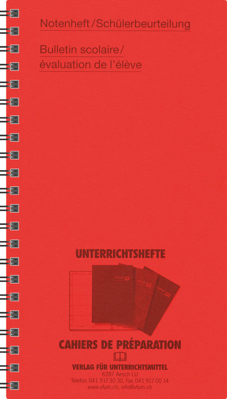 Verlag für unterrichtsm. Schulnotenbuch, 105 × 190 mm, Spiralbindung, Karton, 30 Seiten, 100 g/m² – rot