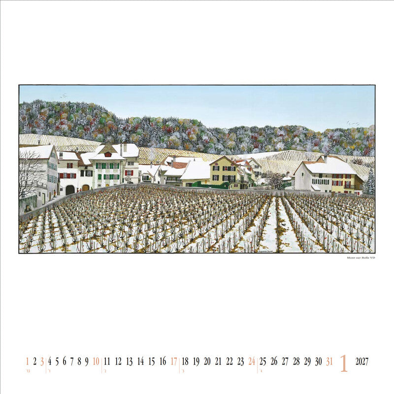 Kuratli Kunstkalender Susanna Bauernhäuser 2027 – 42 × 42 cm – mit Aufhänger, mit Kartonrückwand