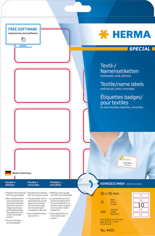 HERMA Schuletiketten – Motiv Rahmen Rot – 80 × 50 mm, Abgerundete Ecken, 200 Stk, 20 Bogen, Textil, Ablösbar