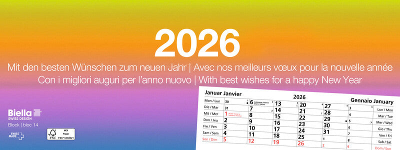 Biella Abreisskalender – 1 Monat pro Blatt – viersprachig DE/FR/IT/GB – 2026 – perforiert – 24 × 9 cm