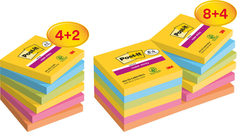 Post-it Super Sticky Haftnotizen – 76×76 mm – sortiert, 6×90 Blatt, PEFC