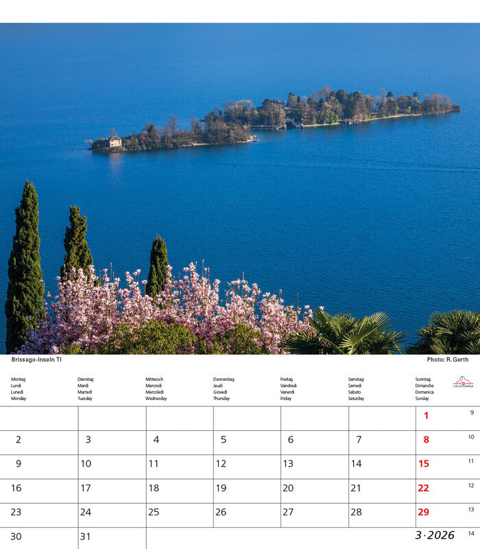 Calendaria Bildkalender Schweiz 2026 – 21 × 24 cm – mit Tagesfeldern, mit Aufhänger