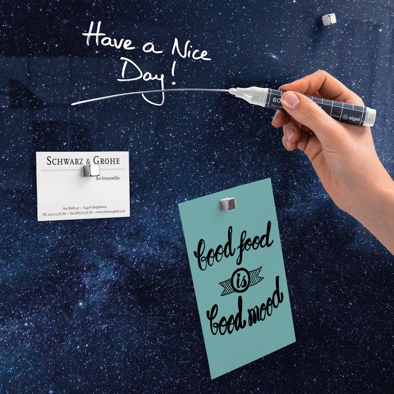 Sigel Whiteboard – 48 × 48 cm, Glas, magnetisch, Wandmontage, inkl. Magnetwürfel, Montagesatz