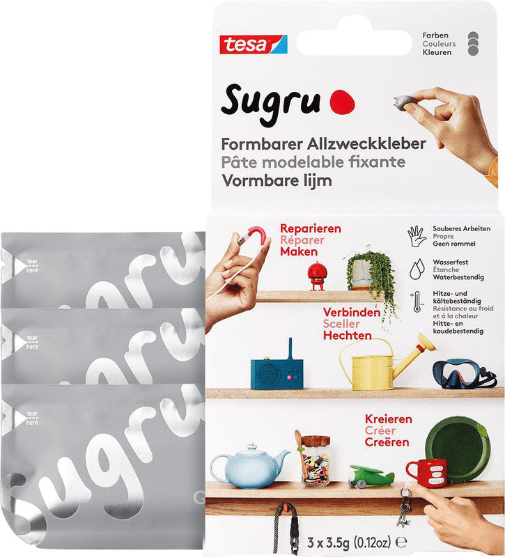 Tesa Sugru Vielzweckkleber – formbar, wasserfest, für Metall, Holz, Glas, 3×3,5 g, −40 bis +180 °C