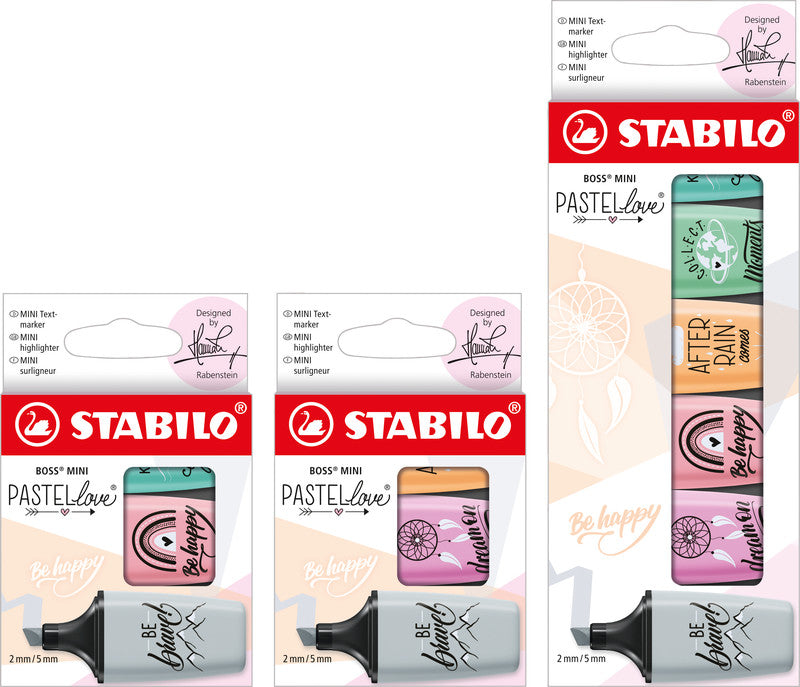 STABILO BOSS Textmarker Mini Set 3 Farben Pastell – Keilspitze, 2–5 mm