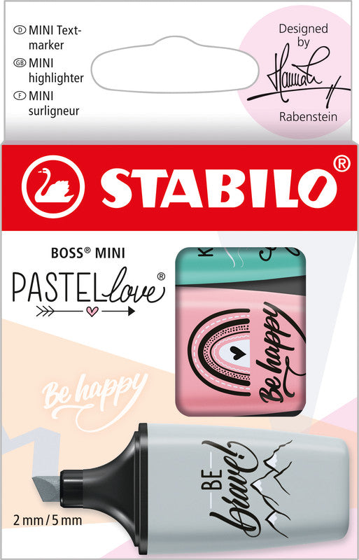 STABILO BOSS Textmarker Mini Set 3 Farben Pastell – Keilspitze, 2–5 mm