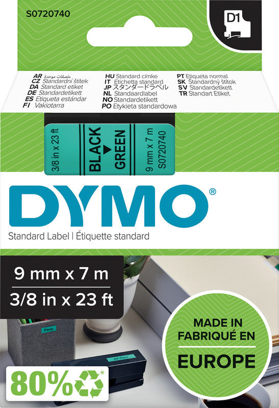DYMO Schriftband – 9 mm × 7 m, grün, schwarz – für LabelPoint 200, 250, 300, usw. – D1