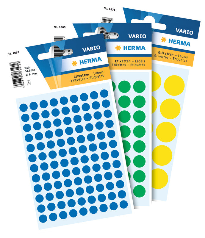 HERMA Vario Schmucketiketten – Motiv Farbpunkte – Papier, 100 Stk, 5 Bogen, Ø 19 mm