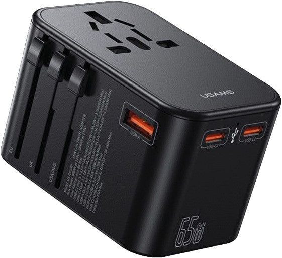 Usams Reiseadapter T62 – 52,6 × 54,7 mm, schwarz, 1× USB-A, 2× USB-C, 65 W, Schiebefunktion, für EU, US und mehr