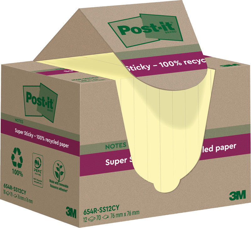 Post-it Haftnotizen Super Sticky – 76×76 mm – Gelb, 12×70 Blatt, PEFC
