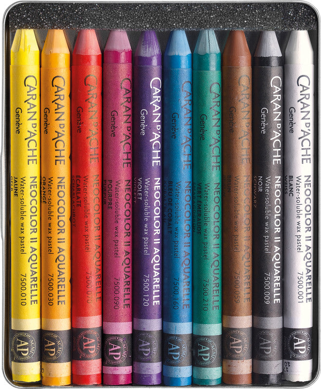 Caran d-Ache Caran d'Ache Neocolor II Aquarellfarbstifte-Set – 10 Farben, Mine Ø 8,6 mm, Metallschachtel