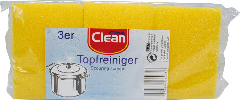 Elina clean Schwamm – Kunststoff, gelb, mit Griffleiste, für Metallbehälter, Gusspfannen, Backbleche, 3 Stk.