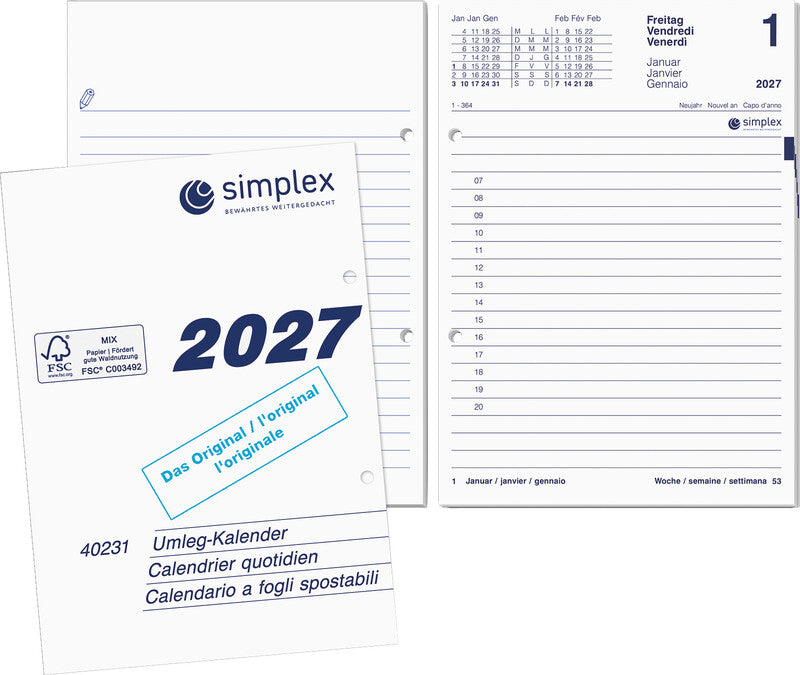 Simplex Kalender-Einlage – 1 Tag pro Seite, Lochung 70 mm, 12,5 × 17,5 cm, 2027