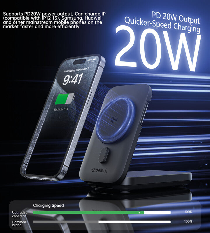Choetech Powerbank 10000 mAh, 1× USB-C, 1× Lightning, kabelloses Laden, schwarz