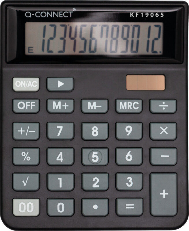 Q-connect Tischrechner KF19065 – 12-stellig, LCD, Prozent/Wurzel, Solar + Batterie, Schwarz, 105×127×24 mm