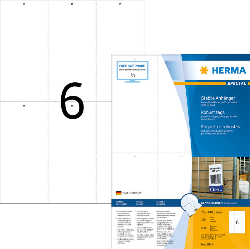 HERMA Schmucketiketten – Papier, nicht klebend, 1200 Stk, 100 Bogen, 52,5×93,5 mm