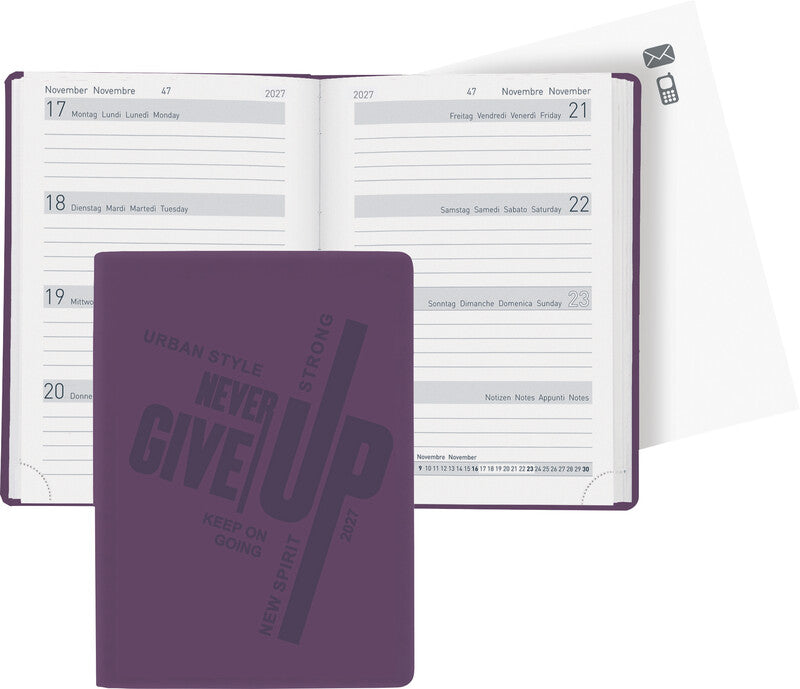 Biella Memento Ladytimer Agenda – 1 Woche/2 Seiten, gebunden, 10,1 × 14,2 cm, 2027, Violett, FSC