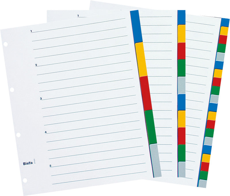 Biella Register – A4, 5-teilig, Kunststoff, farbig, unbedruckt, mit Indexblatt, 4-fach gelocht