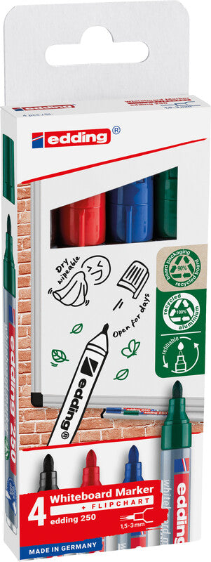 Edding Whiteboard-Marker 250 – Rundspitze 1,5-3 mm – Sortiert – 4er-Set – Trocken abwischbar