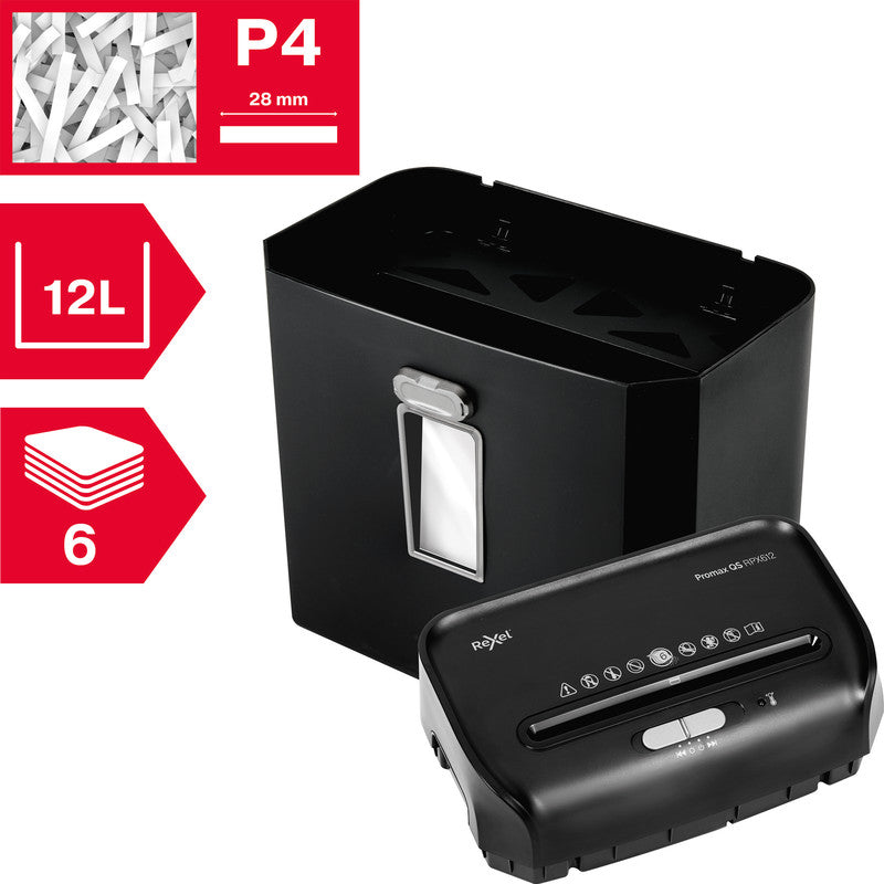 Rexel Promax QS RPX612 – Aktenvernichter, DIN P-4, Partikelschnitt 4 × 40 mm, 6 Blatt, 12 l, A4