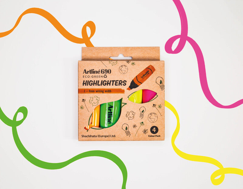Artline EK690 Eco-Green Textmarker Set 4 Farben – Keilspitze, 1–4 mm