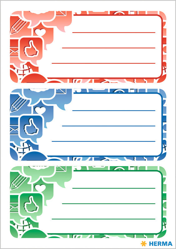 HERMA Vario Schuletiketten – Motiv Social Icons – 35 × 76 mm, Abgerundete Ecken, 9 Stück, 3 Bögen, Papier