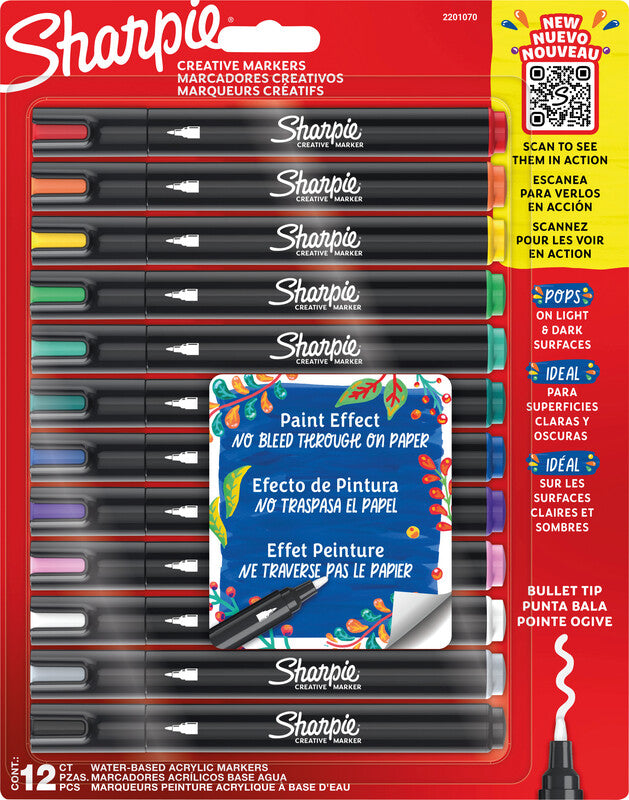 Sharpie Acrylmarker Creative – Rundspitze 2,5 mm – Sortiert – 12er-Set – Für dunkles Papier geeignet