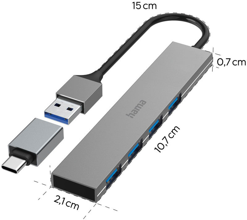 Hama USB-Hub – 4 Ports (USB-A), grau