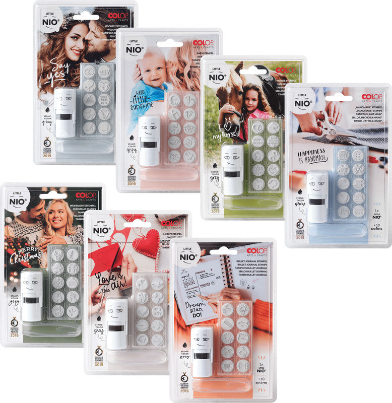 Colop Little NIO Rundstempel – Baby, selbstfärbend, 10 Motive, Ø 17 mm, Kissen grau