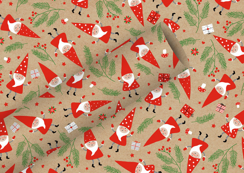 Braun + Company Geschenkpapier – Gnome, Weihnachten – 70 g/m2 Papier – 700 × 2000 mm – Gelb