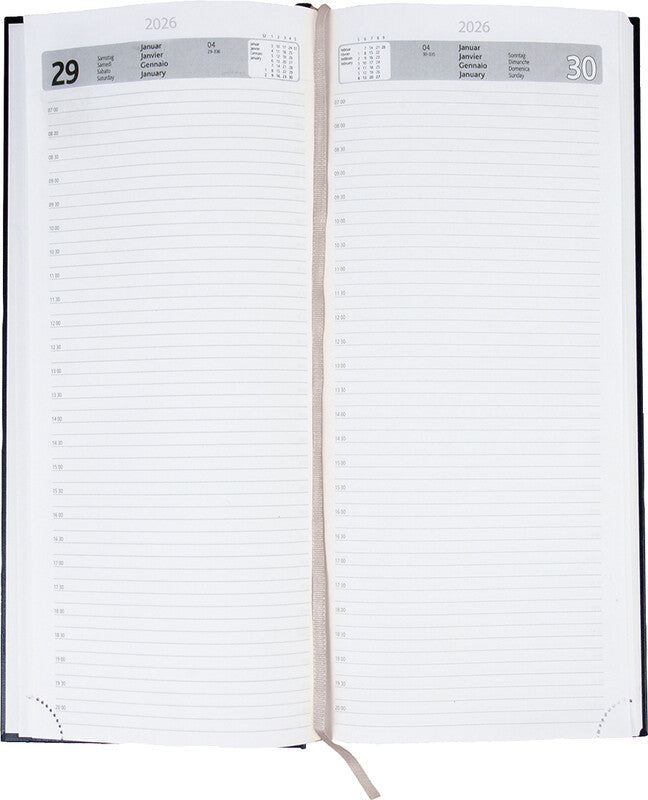 Simplex Agenda – 1 Tag pro Seite, gebunden, 13,5 × 31,5 cm, 2026, 1/2-Stunden-Takt, Blau, FSC