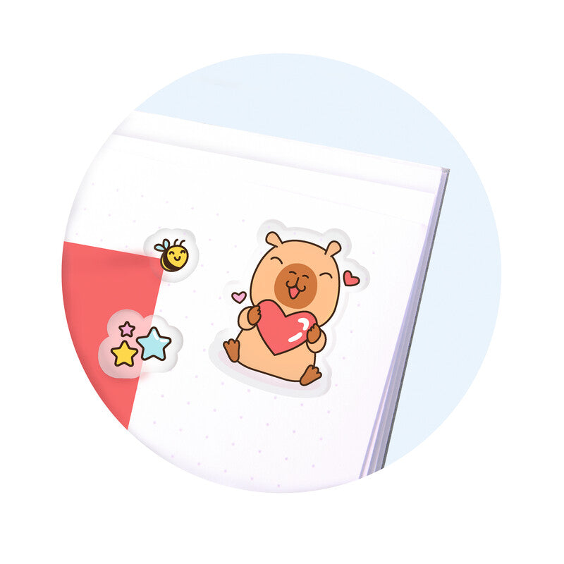 Trendhaus Schmucketiketten – Motiv Capybara Happy Life – Folie, 26 Stk, 1 Bogen, Abgerundete Ecken