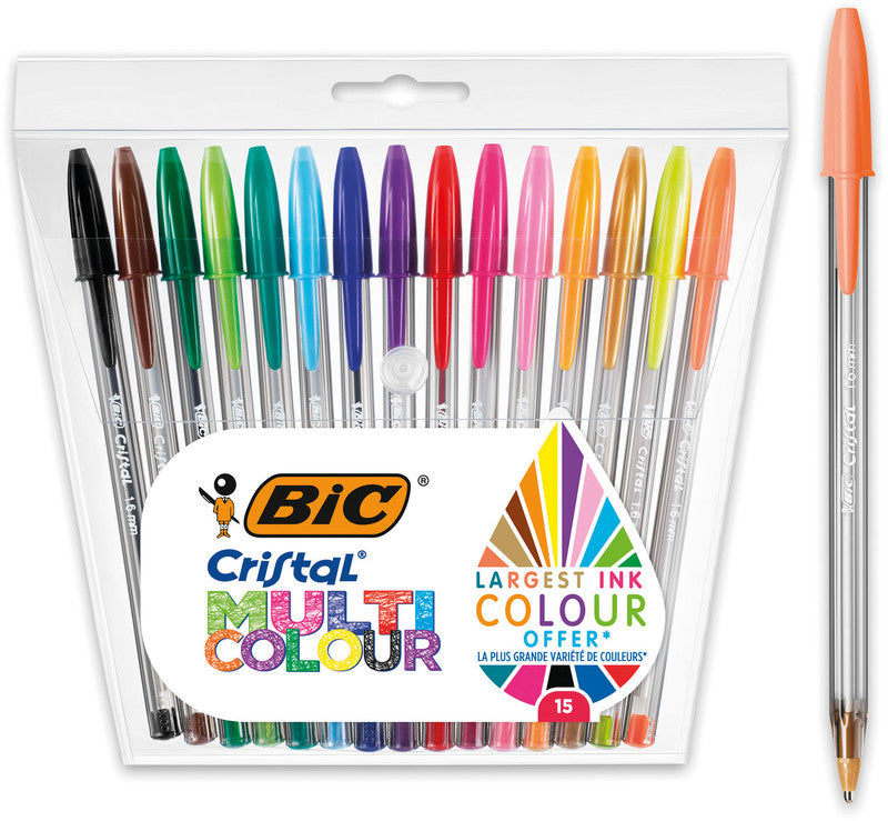 BIC Cristal Multi Colour Kugelschreiber – 15er Pack, Mehrfarbig, Spitze 0,3 mm, Deckel