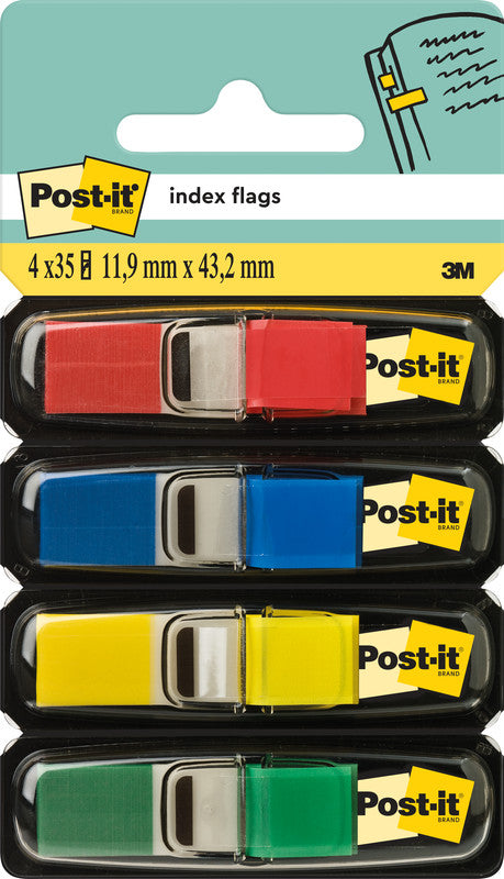 Post-it Indexstreifen – 11,9×43,2 mm – sortiert, 4×35 Stück, mit Dispenser