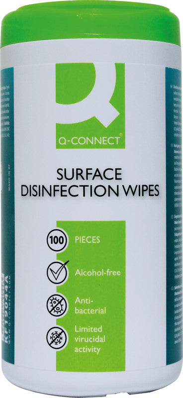 Q-connect Desinfektions-Reinigungstücher, alkoholfrei – für Bildschirme, Kunststoffe und Metall, 100 Stk.
