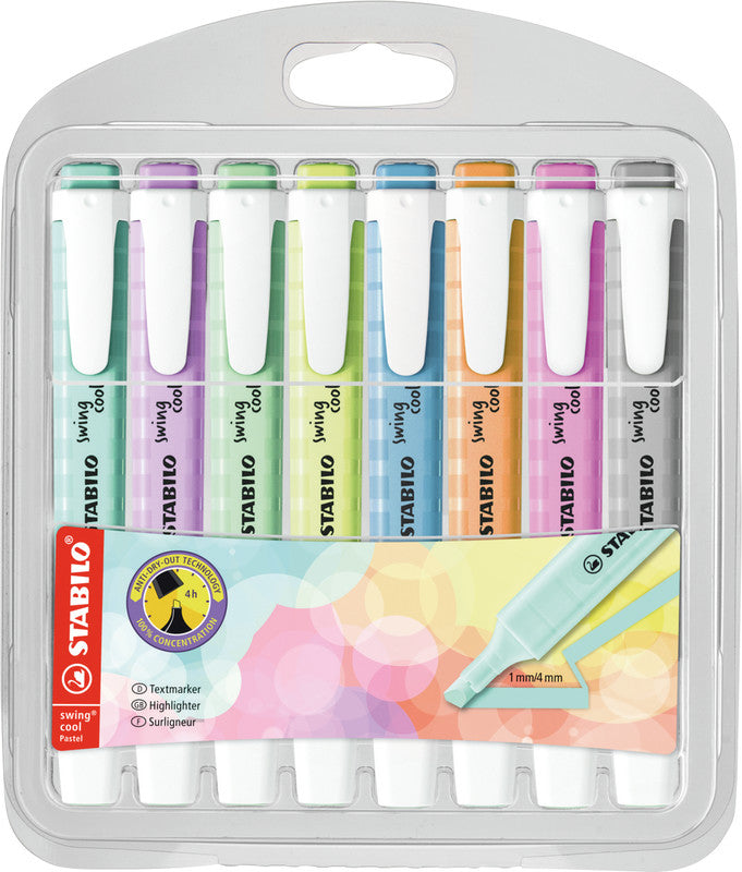 STABILO swing cool Textmarker Set 8 Pastellfarben – Keilspitze, 1–4 mm
