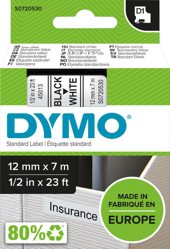 DYMO Schriftband – 12 mm × 7 m, weiss, schwarz – für LabelPoint 200, 250, 300 und andere