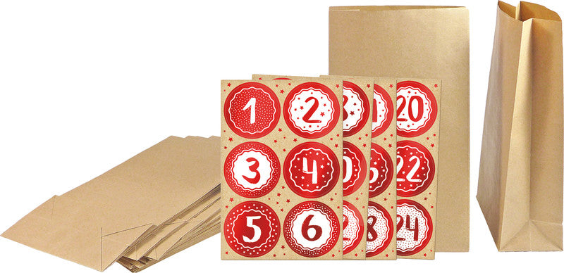 Zischka Adventskalender-Set Kraftpapier – 24 Papiertüten, Zahlensticker 1–24 – 120 × 210 × 60 mm