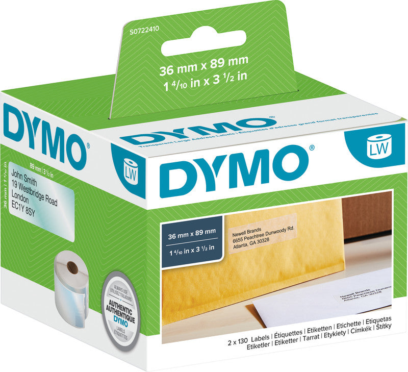DYMO Adressetiketten LabelWriter, 89 mm × 36 mm, transparent, permanent, für LabelWriter 310, 320, Turbo 330