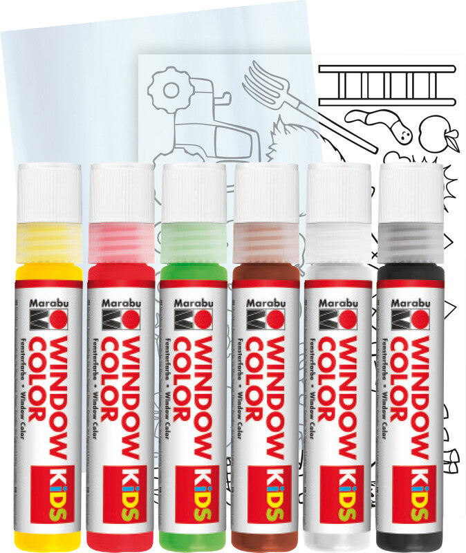 Marabu Kinder Fenstermalfarbe – 6 Farben (6×25 ml, 150 ml) – für Glas, Porzellan, Spiegel