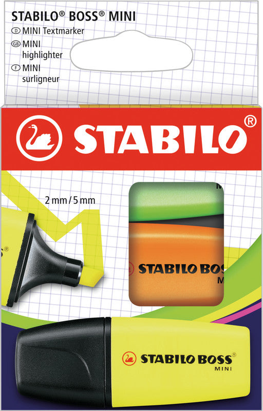 STABILO BOSS Textmarker Mini Set 3 Farben – Keilspitze, 2–5 mm