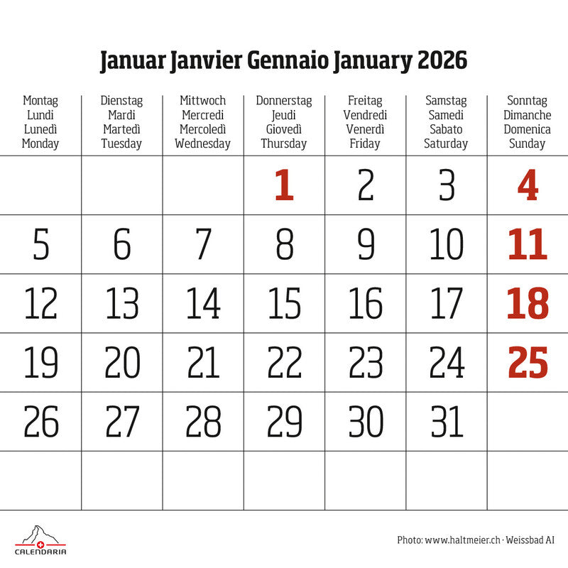 Calendaria Mini Bildkalender Swiss 2026 – 12,5 × 12,5 cm – d/f/i/gb