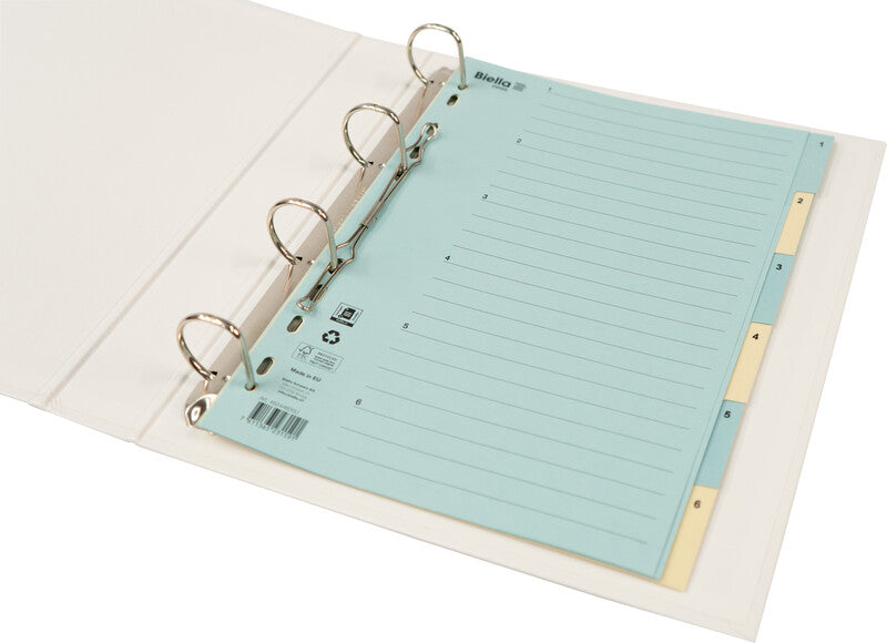 Biella Register – A4, 6-teilig, Karton, blau/gelb, vorgedruckt, 11-fach gelocht, verstärkte Tabs – für A4