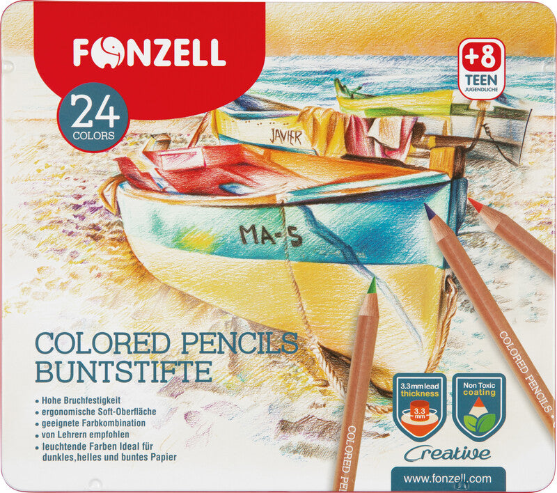Fonzell Creative Farbstifte-Set – 24 Farben, rund, Mine Ø 3,3 mm, Metallschachtel