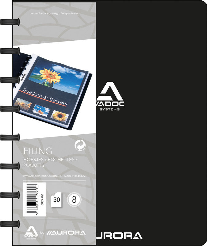 Adoc Bind-Ex Aurora Sichtbuch – 30 Sichttaschen, A5, austauschbar, genarbt, antireflex, schwarz, Kunststoff