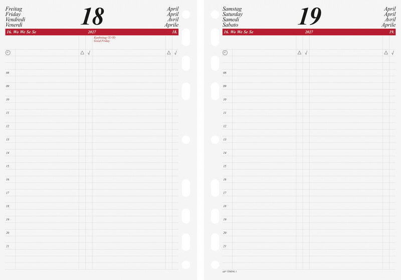 Idé TIMING 1 Agenda – 1 Tag/Seite, lose, A5, 2027, 1-h-Takt, mehrsprachig