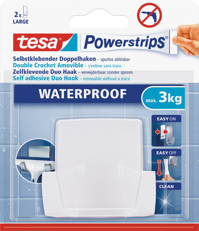tesa Powerstrips Waterproof Wave Doppelhaken – Klebemontage – 6,7 × 6 × 3,2 cm – Weiss – Kunststoff