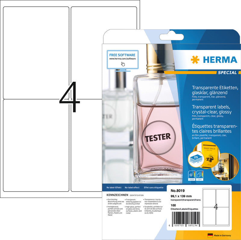 HERMA Druckeretiketten, 99 mm × 139 mm, transparent, Folie, permanent, 25 Blätter (100 Etiketten)